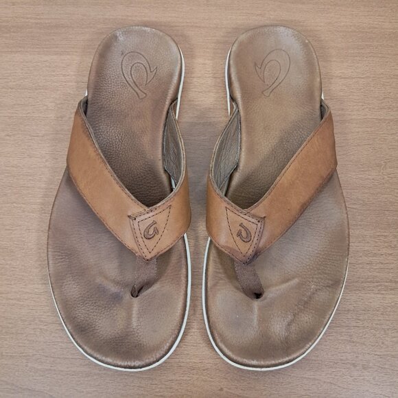 Olukai Nalukai Sandal Men\'s Size 11 Brown White Leather Flip Flop Comfort main image 12
